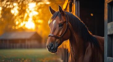 A brown horse is standing in a barn with a sun shining on it. The horse is looking at the camera with a curious expression. The barn is surrounded by trees, and the sun is setting in the background photo
