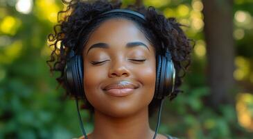 A woman wearing headphones is smiling and looking at the camera. Concept of relaxation and contentment photo