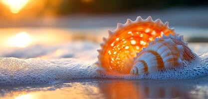 A large shell is laying on the sand, with the sun reflecting off of it. The scene is serene and peaceful, with the shell being the main focus of the image photo