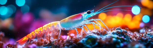 A colorful shrimp is swimming in a colorful ocean. The shrimp is surrounded by a variety of colors, including pink, orange, and blue. The scene is vibrant and lively photo