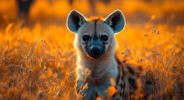 A baby hyena is sitting in the grass with its head turned to the side. The image has a warm, golden hue that gives it a peaceful, serene feeling photo
