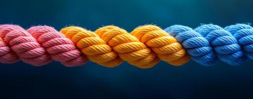 A rope with three different colored strings. The colors are pink, yellow and blue. The rope is twisted and knotted photo