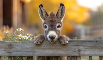 A baby donkey is standing in front of a wooden fence. The fence is wooden and has a rustic appearance. The donkey is looking at the camera and he is curious. The scene is peaceful and calm photo