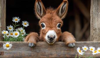A baby donkey is looking at the camera with its head sticking out of a wooden fence. The fence is surrounded by a bunch of daisies photo