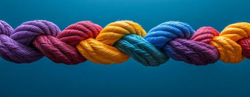 A colorful rope is twisted and knotted together. The colors are red, yellow, blue, and green. The rope is tied in a knot, and it looks like a piece of art photo