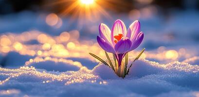 A small purple flower is growing in the snow. The flower is surrounded by a white blanket of snow, and the sun is shining brightly on it. Concept of hope and resilience photo