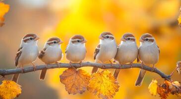 A group of small birds are perched on a branch with leaves. The birds are all different colors and sizes, but they all seem to be enjoying their time together. The scene is peaceful and serene photo
