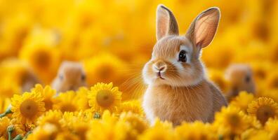 A rabbit is standing in a field of yellow flowers. The rabbit is the main focus of the image, and the flowers are in the background. The scene is peaceful and serene photo