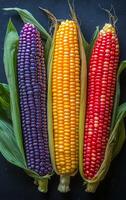 Three different colored corn cobs are displayed on a black background. The colors are purple, yellow, and red photo