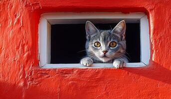 A cat is looking out of a window photo