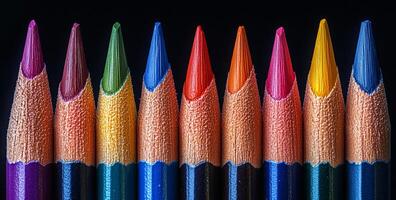 A row of colored pencils with the tip of each one cut off. The pencils are arranged in a line, with the blue one on the far left and the red one on the far right photo