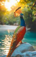 A beautiful peacock stands on a rock by a body of water. The bird's feathers are vibrant and colorful, and it has a large, colorful head. The scene is serene and peaceful photo