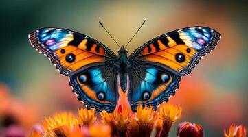 A colorful butterfly is perched on a flower. The butterfly is orange and blue, with black spots. The flower is yellow and has a few petals. Concept of beauty and tranquility photo