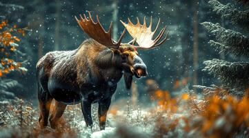 A large moose is standing in the snow with its head down. The image has a serene and peaceful mood, as the moose appears to be enjoying the winter landscape photo