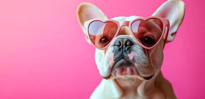 A dog wearing sunglasses and a heart shaped frame. The dog is looking at the camera. The image has a playful and cute mood photo