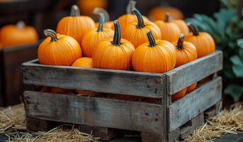 A wooden crate full of pumpkins. The crate is on a straw mat. The pumpkins are orange and have green stems photo