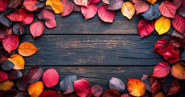 A wooden frame with a red and yellow leaf border. The frame is made of wood and has a rustic feel. The leaves are arranged in a circular pattern, with some overlapping and others standing alone photo