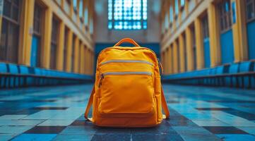 A yellow backpack is sitting on a tiled floor in a large room. The backpack is the main focus of the image, and it is a school backpack. The room is empty, with no other objects or people visible photo