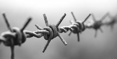 A wire fence with barbed wire on it. The image has a mood of danger and caution, as the barbed wire is designed to deter intruders photo