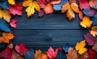 A blue background with a frame of autumn leaves. The leaves are of different colors and sizes, creating a beautiful and vibrant scene. The frame adds a sense of structure photo