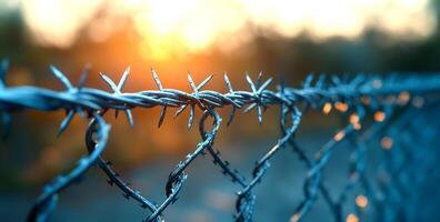 A fence with barbed wire on it. The wire is wet and the sun is setting. The fence is on the side of a road photo