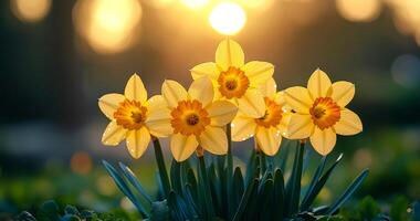 A bunch of yellow flowers with dew on them. The flowers are in a field and the sun is shining on them photo