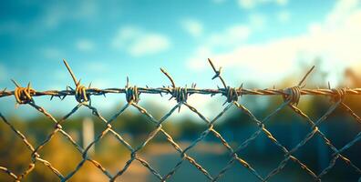 A chain link fence with barbed wire on top. The fence is in front of a tree photo