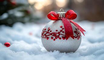 A silver and red ornament with a red ribbon sits on top of a snowy surface. Concept of warmth and festivity, as the red ribbon and silver ornament evoke feelings of Christmas cheer photo
