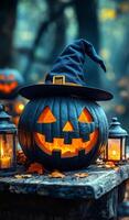 A pumpkin with a black hat on top of it. Halloween. The pumpkin is smiling and has a light inside of it photo