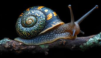 A large, colorful snail is on a branch. The snail is brown and green with a spiral shell photo