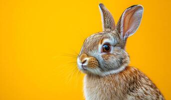 A rabbit with brown fur and a white nose is standing in front of a yellow background. The rabbit's eyes are open and it is looking directly at the camera. Concept of curiosity and playfulness photo