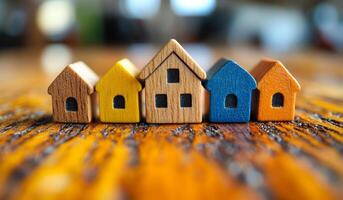 A row of wooden houses are lined up on a table. The houses are of different colors and sizes, and they are arranged in a row. Concept of order and organization, as the houses are neatly lined up photo