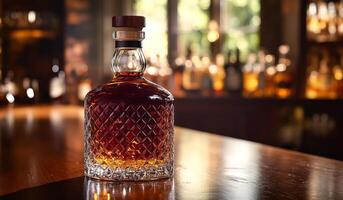 A bottle of liquor sits on a wooden table. The bottle is full and has a cork stopper. The table is surrounded by other bottles, some of which are also full. The scene gives off a relaxed photo