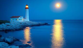 A lighthouse is on a rocky shoreline with a calm ocean. The moon is shining on the water, creating a serene and peaceful atmosphere photo