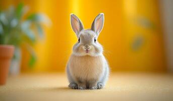 A small rabbit is sitting on a carpet in front of a yellow curtain. The rabbit is looking at the camera with a curious expression photo