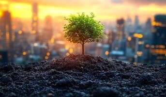 A small tree is growing in a city. The tree is surrounded by a lot of dirt and is in the middle of a city photo