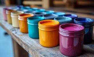 A row of paint jars with different colors on a wooden table. The jars are arranged in a rainbow pattern, with the colors ranging from yellow to purple. Concept of creativity and artistic expression photo