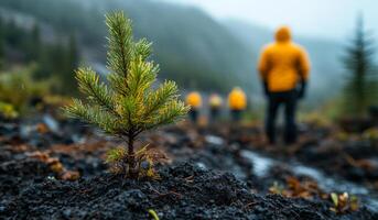 A person is walking behind a small tree in a forest. The tree is surrounded by dirt and he is struggling to grow. Concept of loneliness and vulnerability, as the tree is alone in the wilderness photo