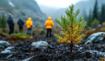 A small tree is growing in a rocky field. The tree is surrounded by rocks and dirt, and it is the only plant in the area. The scene is quiet and peaceful, with no other people or animals visible photo