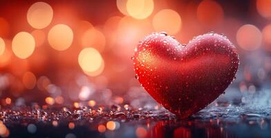 A heart made of glitter is on a wet surface. The heart is red and shiny, and it is floating on the water. The scene has a dreamy, romantic feel to it photo