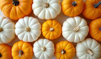 A row of orange and white pumpkins arranged in a pattern. Concept of warmth and coziness, as pumpkins are often associated with autumn and the holiday season photo