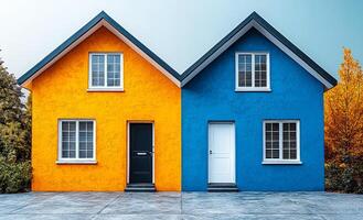Two houses with different colors, one is yellow and the other is blue. The houses are painted in such a way that they look like they are made of two different colors photo