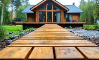 A wooden walkway leading to a house with a large window. The walkway is wet and the house is surrounded by trees photo