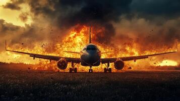 A vivid scene reveals a horrifying airplane crash engulfed in flames and smoke, highlighting the tragedy and urgent emergency response efforts to save lives in the devastating aftermath photo