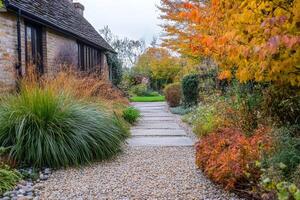 A picturesque garden located in the UK, showcasing beautiful naturalistic design elements that embody the spirit of autumn, featuring vibrant and colorful foliage alongside tranquil pathways photo