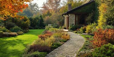 The charming UK garden features a naturalistic design with vibrant autumn leaves, a cozy retreat house, and stunning hard landscaping, creating an impressive scene for all to enjoy photo