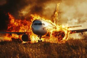 A catastrophic airplane crash shows flames and smoke engulfing the wreckage during an emergency landing, emphasizing the chaos and need for safety protocols and rescue efforts in aviation photo