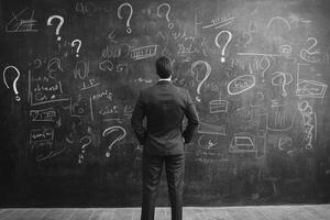 A man stands before a chalkboard filled with question marks and ideas, representing the challenges of creating a business plan amid uncertainty, highlighting the complexities of entrepreneurship photo