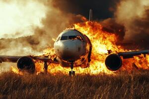 An intense and dramatic scene vividly depicting an airplane crash, completely engulfed in fierce flames and thick smoke, highlighting the utter chaos and turmoil of a catastrophic aviation disaster photo