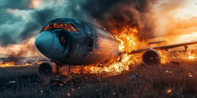 In a dramatic aircraft accident scene, a burning airplane is engulfed in flames, thick smoke billows upwards, and debris is strewn about, capturing the despair of a devastating aviation disaster photo
